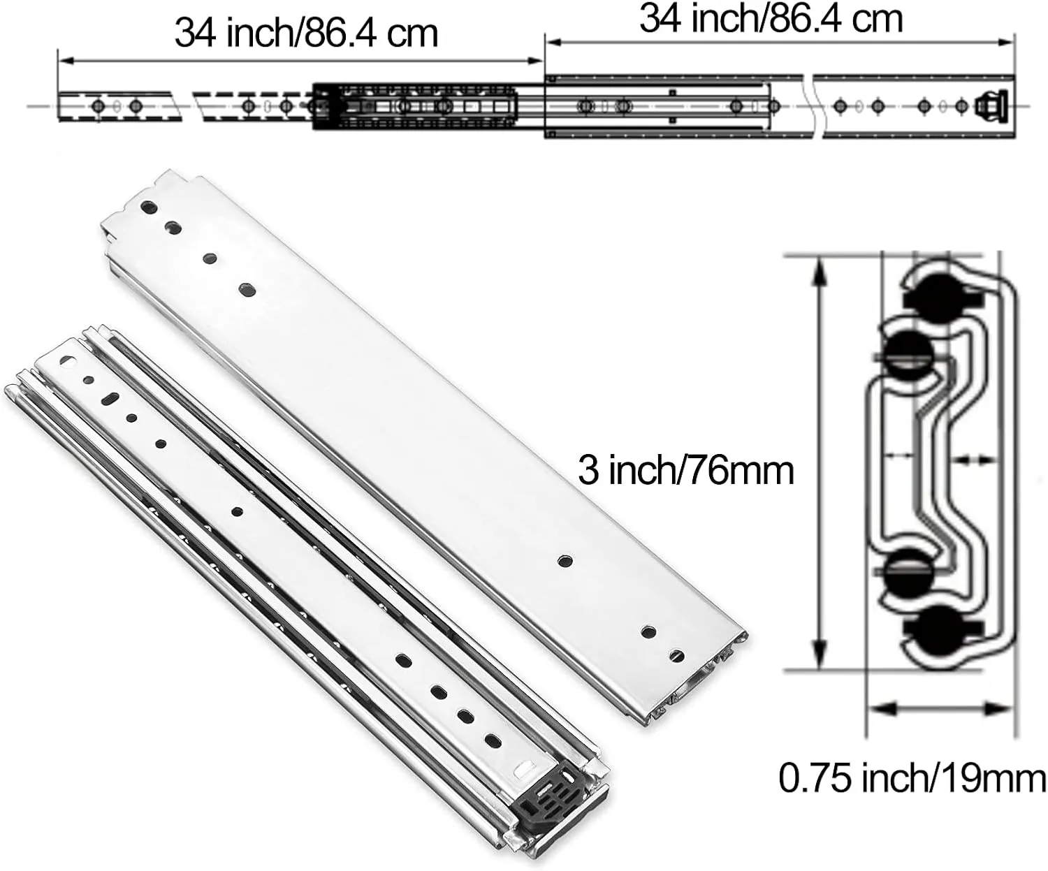 1 Pair 34 Inch 500 Lb Capacity Heavy Duty Drawer Slides with Screws,Side Mount Full Extension 3 Fold Ball Bearing Stainless Steel Hardware Drawer Rails,Industrial DIY