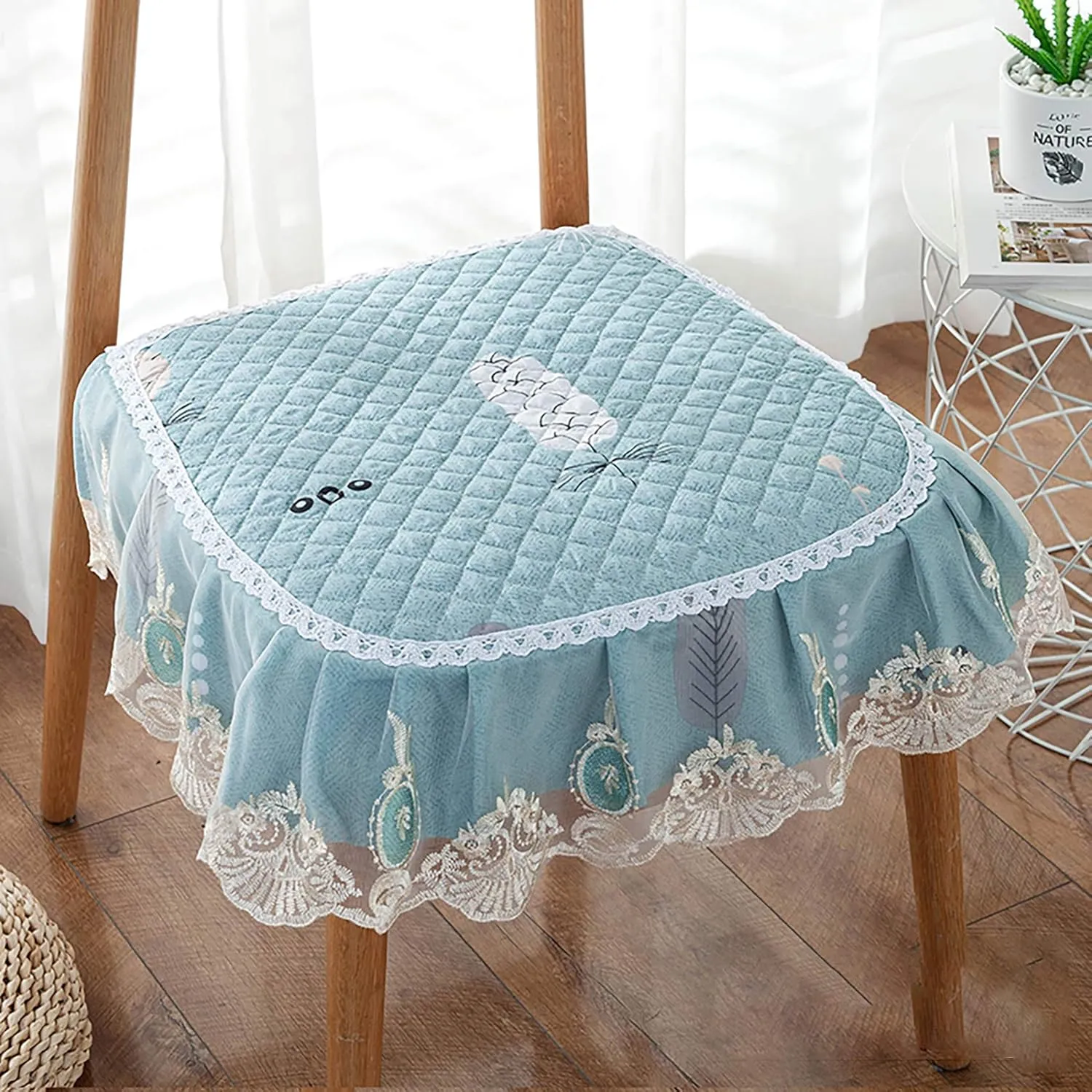 1 Pc Lace Ruffled Dining Chair Cushion,Non Slip Seat Cushions with Ties,Square Stool Chair Pad Home Decor Luxury Warm Soft Cushion-F 43x45cm(17x17.7inch)