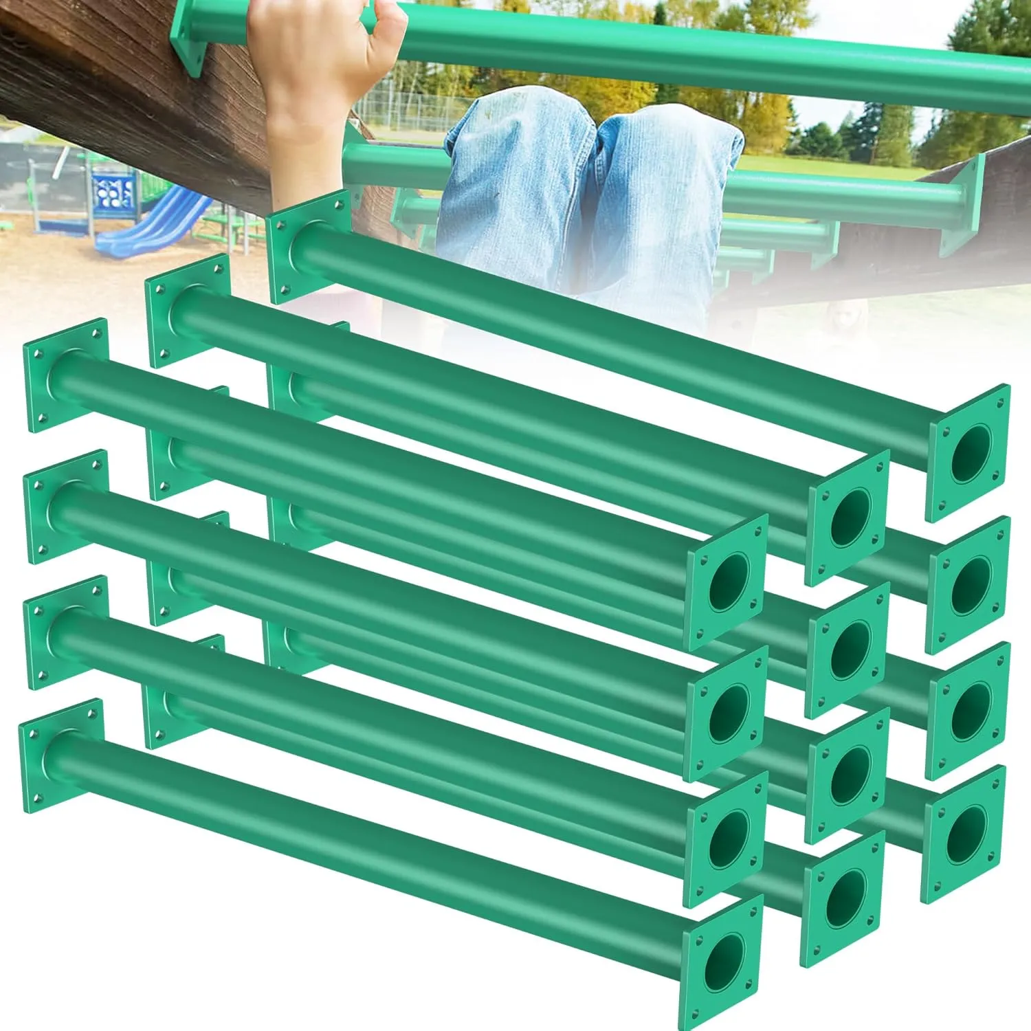 12 PCS DIY Monkey Bar Kit, Backyard Monkey Bars Indoor for Kids Ceiling, Safety Grab Handles for Playground Ladder Rungs Swing, Steel Stand Alone Climbing Bars for Outdoor (Green, 16.5 Inch)