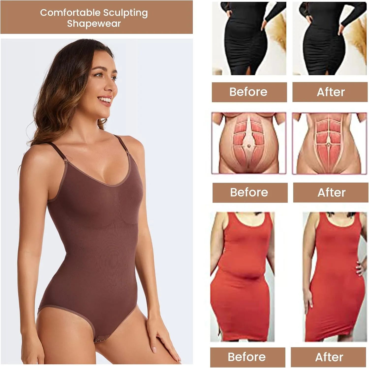 2 Pack Bodysuit for Women - Seamless Tummy Control Shapewear Sculpting Thong Sleeveless Women Body Shaper