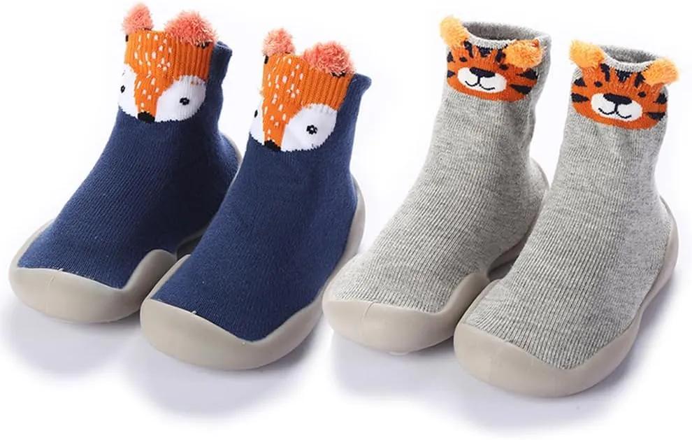 2 Pairs Baby Sock Shoes Toddler Infant Non Slip Soft Rubber Sole Slippers First Walking Shoes for Baby Boys Girls