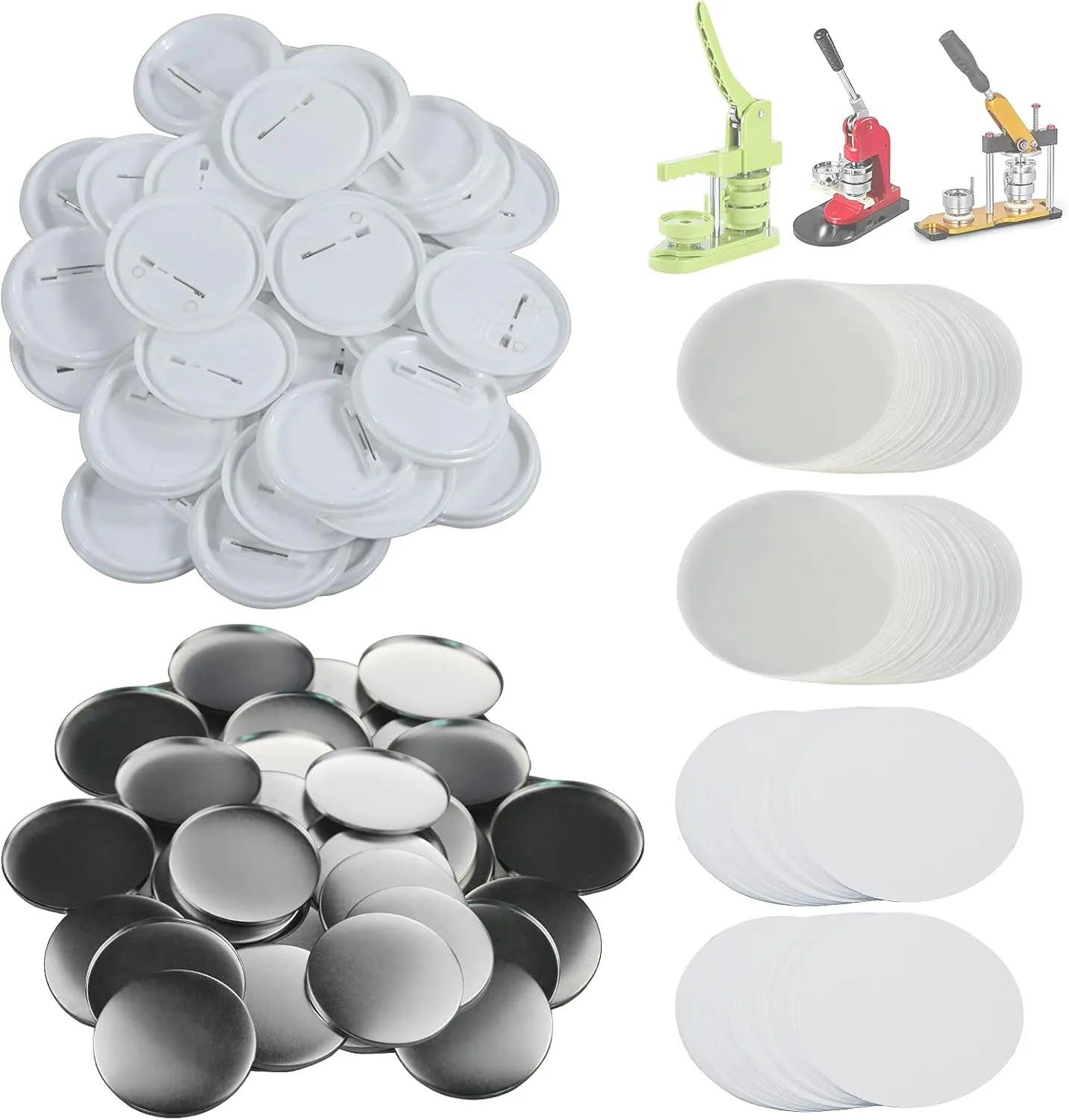 200 Sets 58mm(2.25 in) Blank Pin Back Button Parts for Button Maker Machine 58mm, Round Badge Making Supplies, Includes Metal Cover, Plastic Button Back Cover, Clear Film&Blank Paper