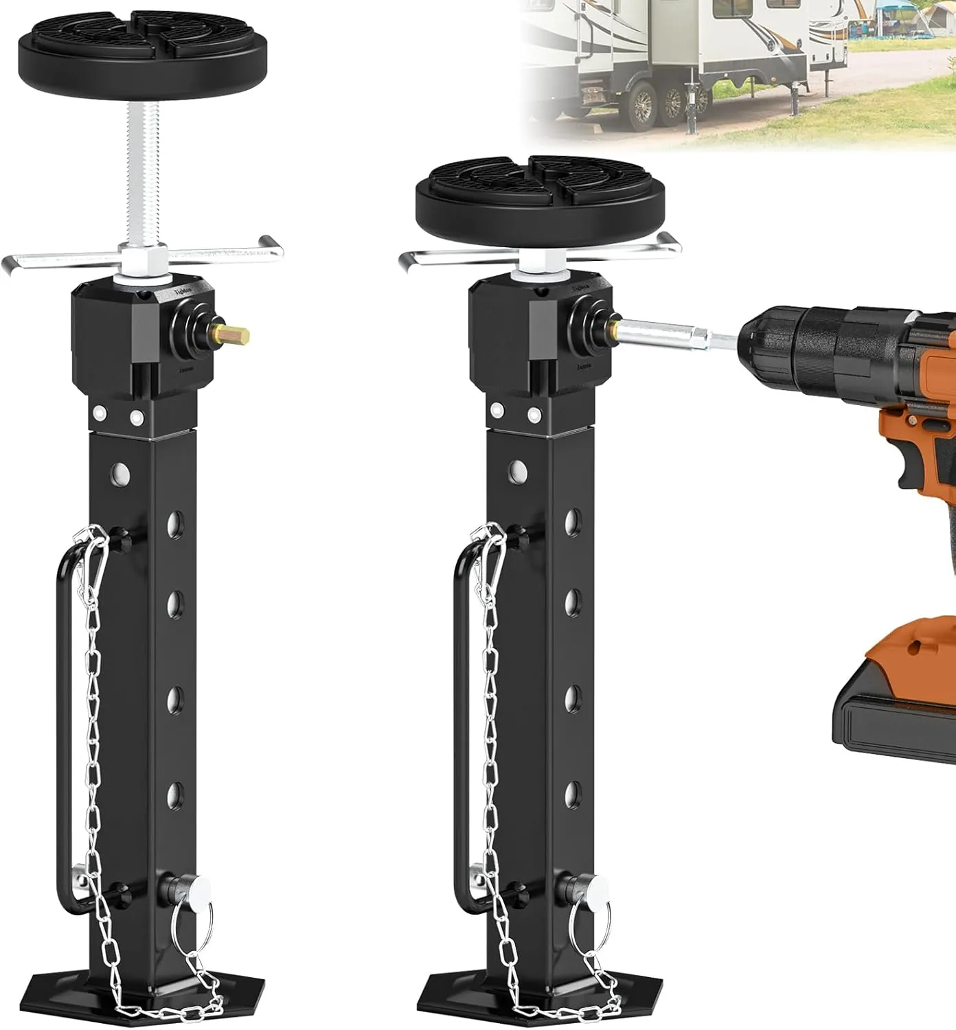 2025 New Upgraded RV Trailer Stabilizer Jacks Adjusted from 13.8"-26.8" Camper Slide Out Support Jacks with Rubber Pad for RV Patio, Aluminum Gear Box (Electric Drill Adjust),Supports Up to 5,000 lbs