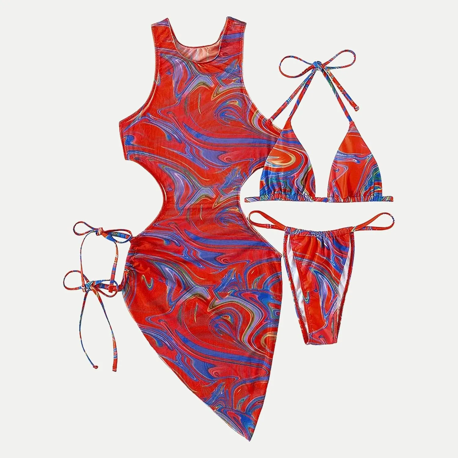 3 Piece Swimsuits for Women Padded Floral Print String Bikini Sets Bathing Suit Set Sexy Cutout High Neck Mesh Beach Cover Up