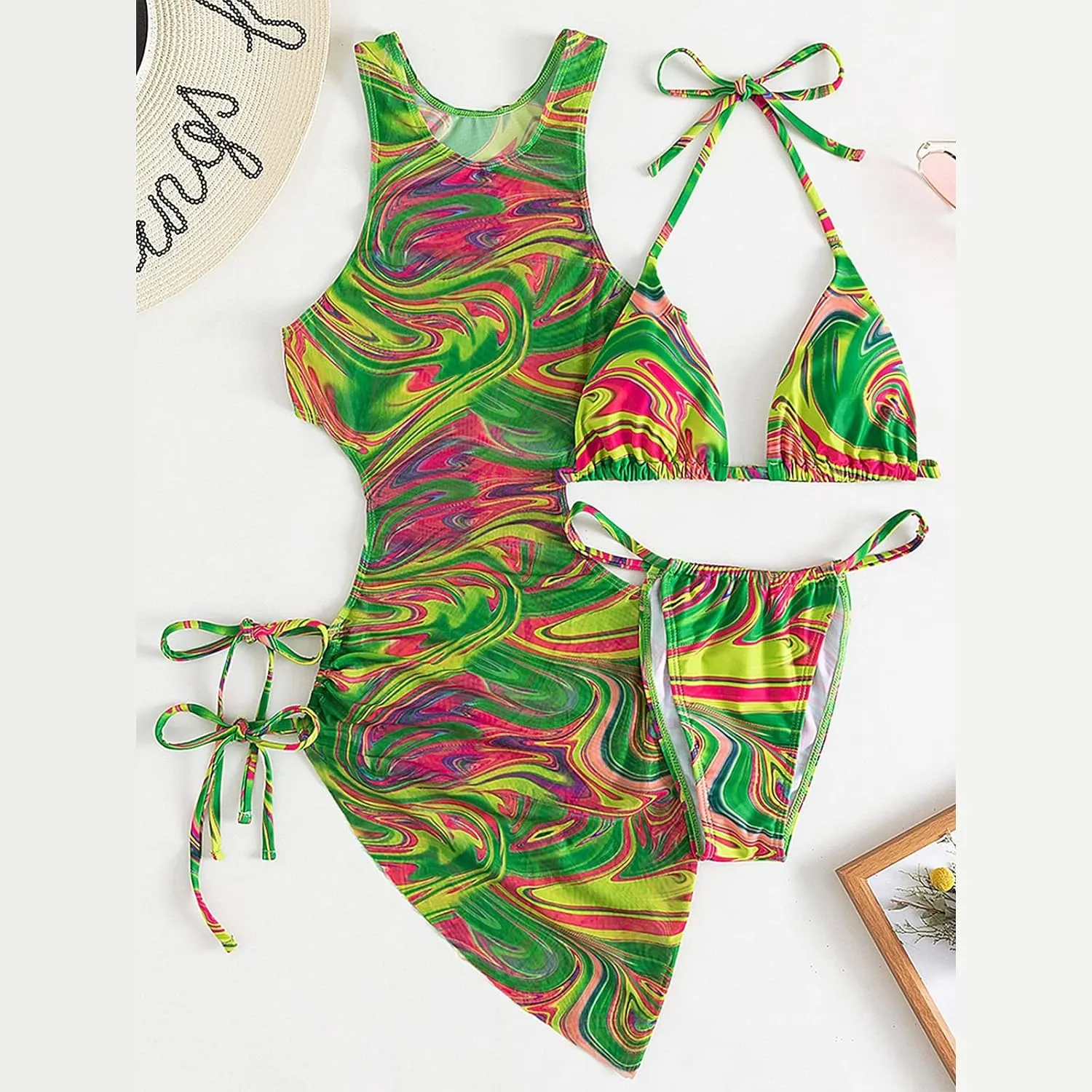 3 Piece Swimsuits for Women Padded Floral Print String Bikini Sets Bathing Suit Set Sexy Cutout High Neck Mesh Beach Cover Up