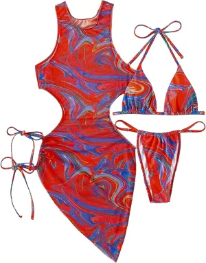 3 Piece Swimsuits for Women Padded Floral Print String Bikini Sets Bathing Suit Set Sexy Cutout High Neck Mesh Beach Cover Up