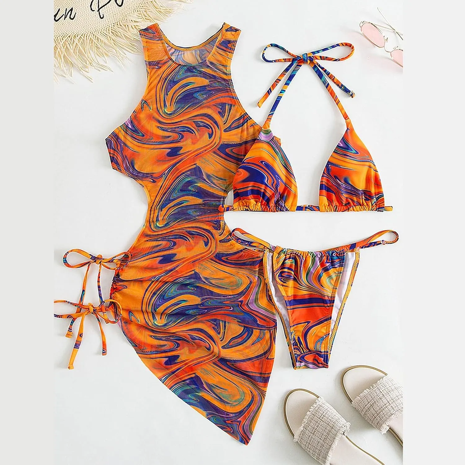 3 Piece Swimsuits for Women Padded Floral Print String Bikini Sets Bathing Suit Set Sexy Cutout High Neck Mesh Beach Cover Up