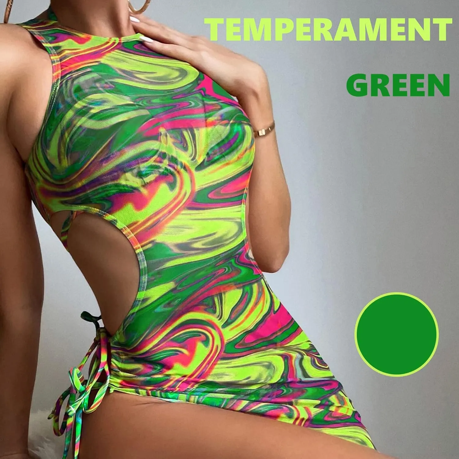 3 Piece Swimsuits for Women Padded Floral Print String Bikini Sets Bathing Suit Set Sexy Cutout High Neck Mesh Beach Cover Up