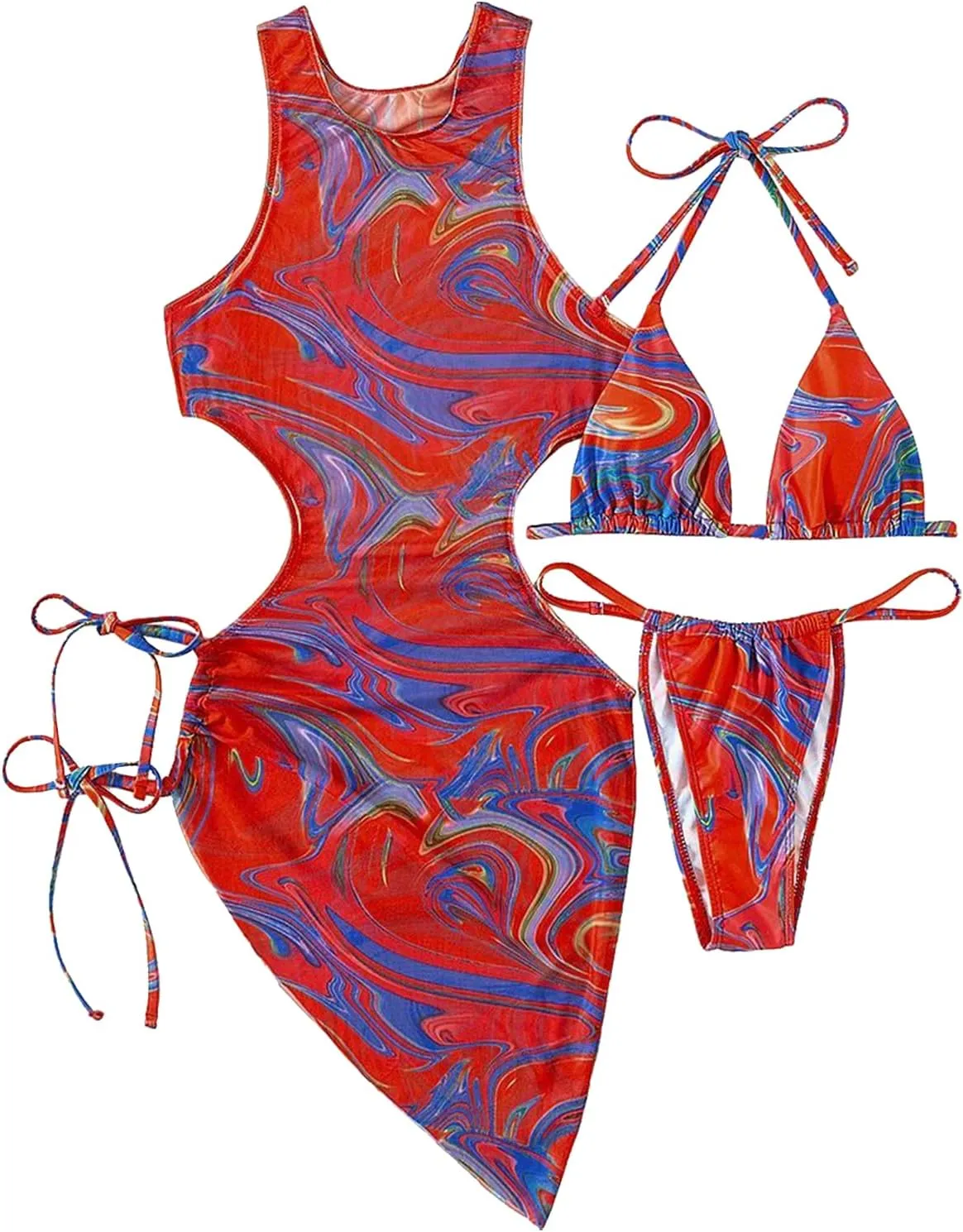 3 Piece Swimsuits for Women Padded Floral Print String Bikini Sets Bathing Suit Set Sexy Cutout High Neck Mesh Beach Cover Up