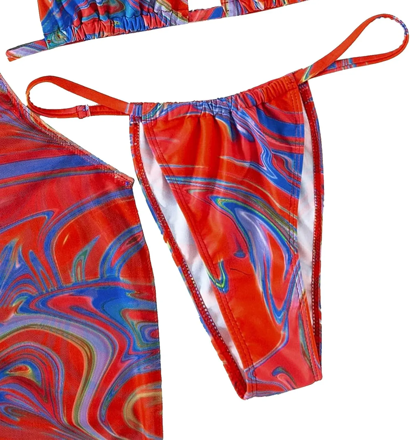 3 Piece Swimsuits for Women Padded Floral Print String Bikini Sets Bathing Suit Set Sexy Cutout High Neck Mesh Beach Cover Up