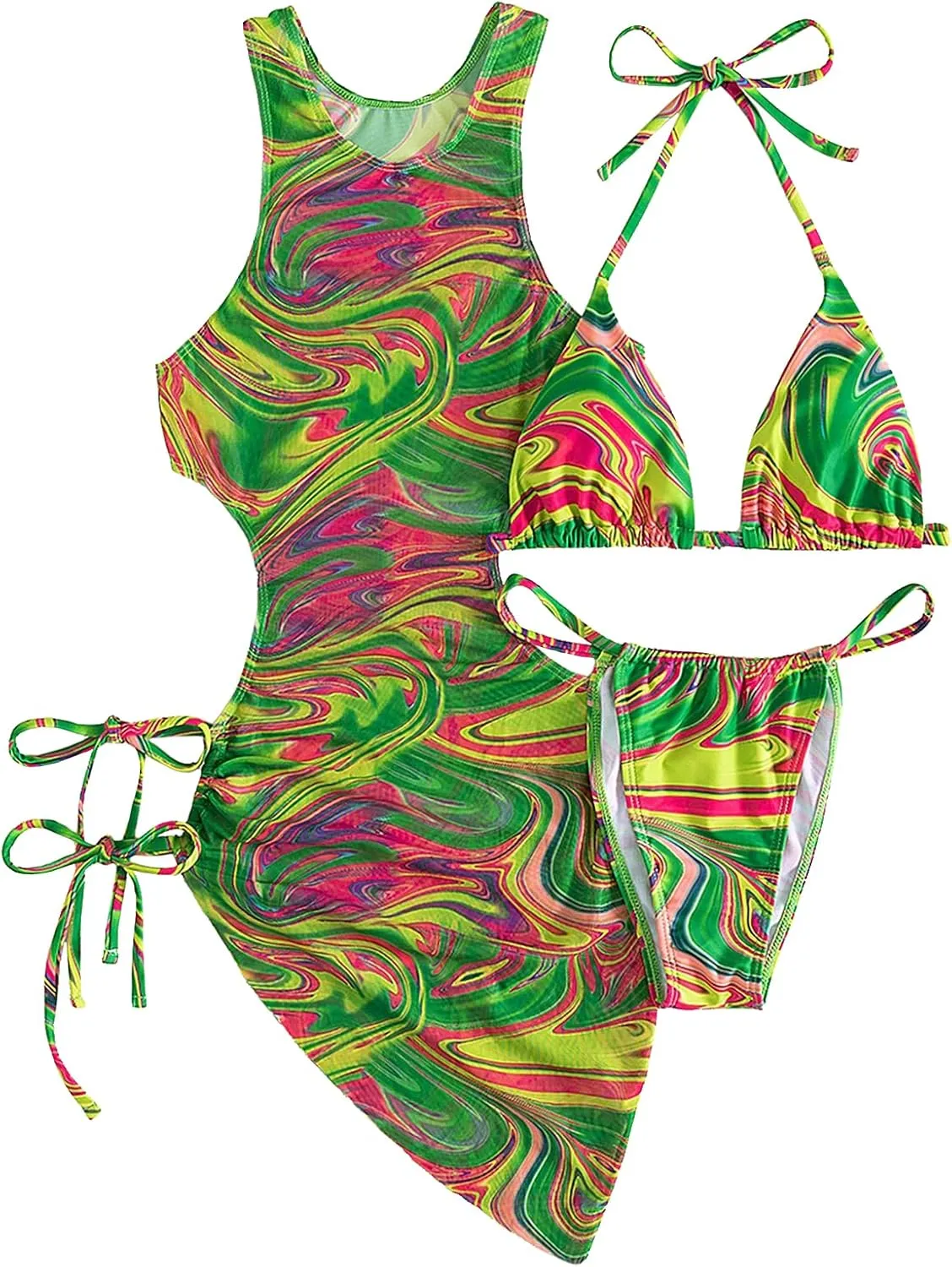 3 Piece Swimsuits for Women Padded Floral Print String Bikini Sets Bathing Suit Set Sexy Cutout High Neck Mesh Beach Cover Up