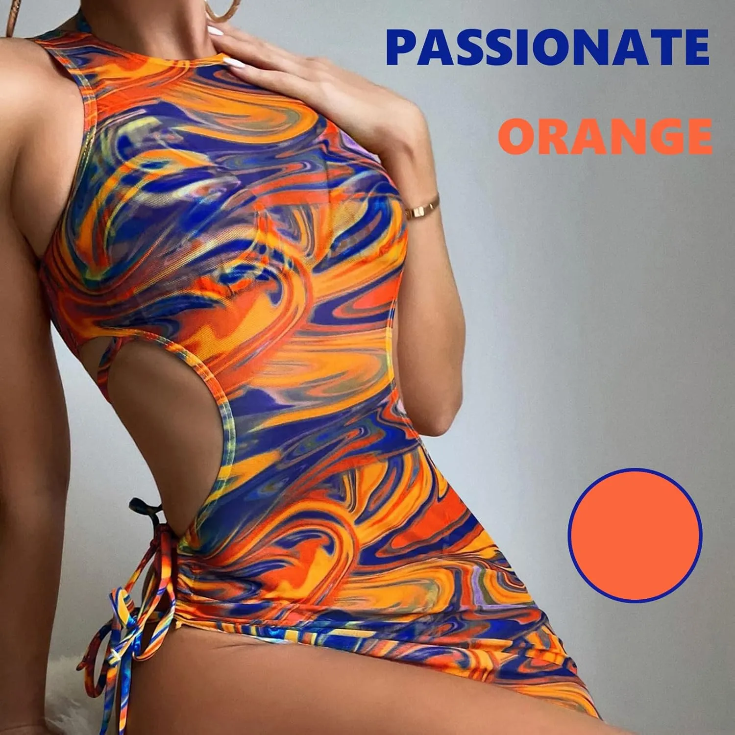3 Piece Swimsuits for Women Padded Floral Print String Bikini Sets Bathing Suit Set Sexy Cutout High Neck Mesh Beach Cover Up