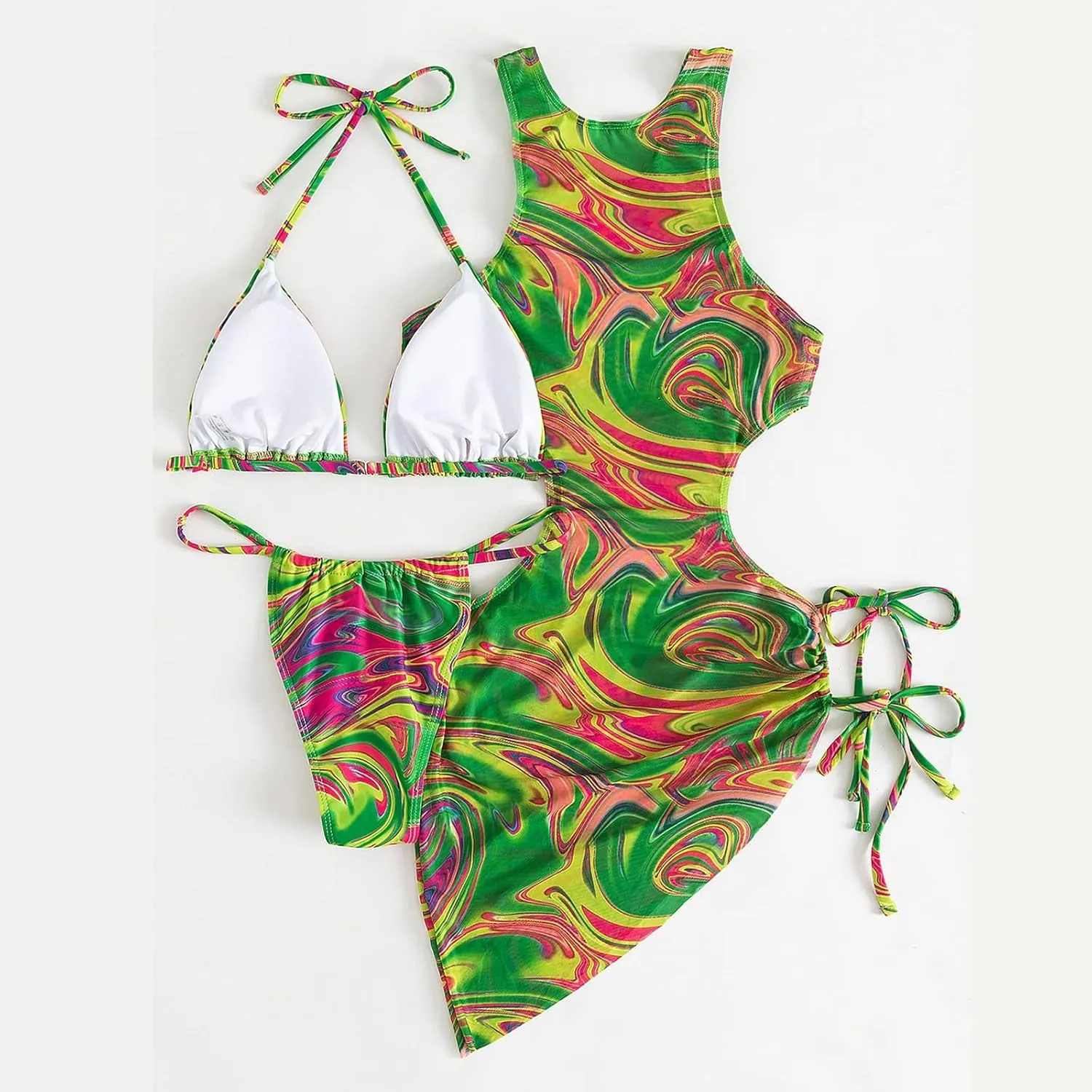 3 Piece Swimsuits for Women Padded Floral Print String Bikini Sets Bathing Suit Set Sexy Cutout High Neck Mesh Beach Cover Up