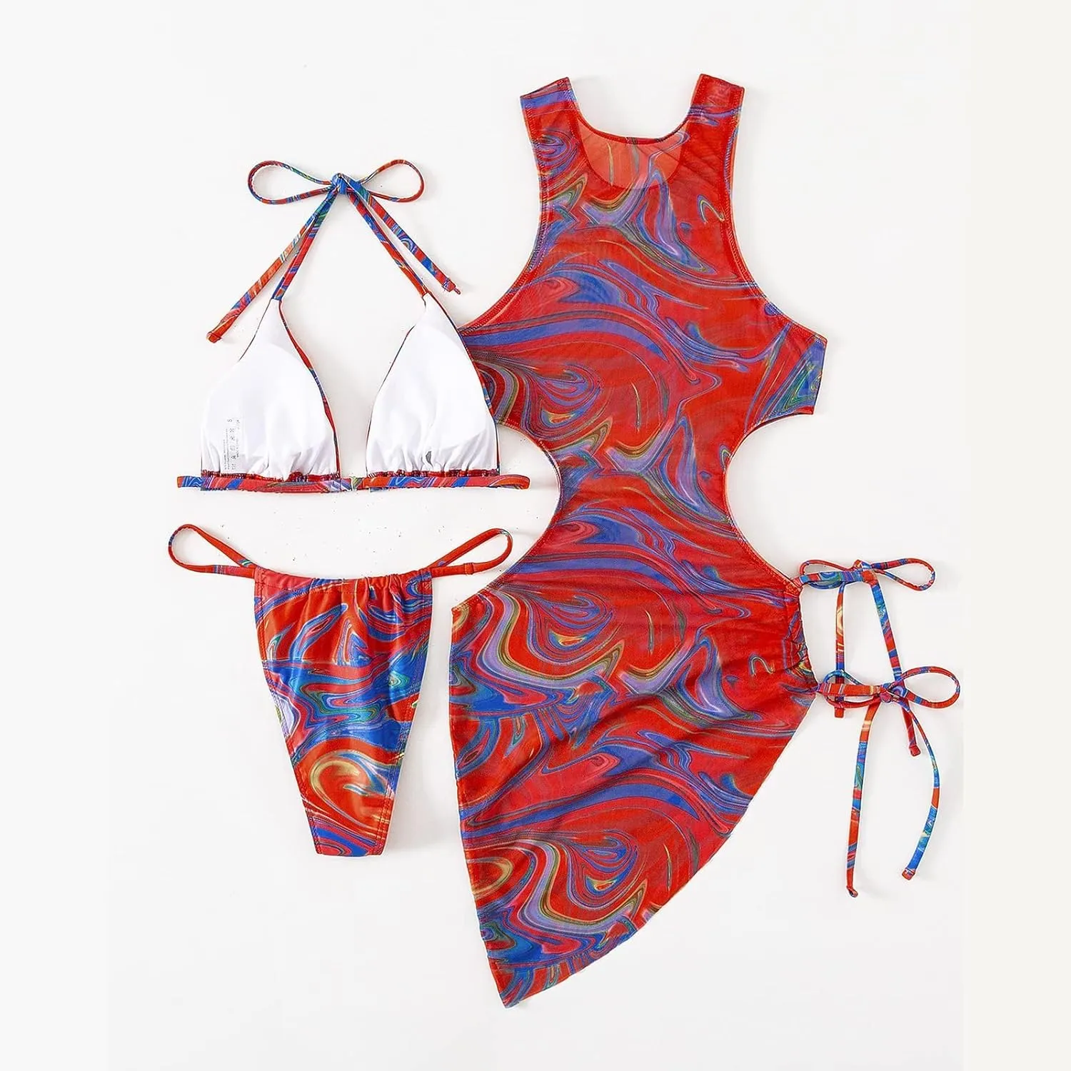 3 Piece Swimsuits for Women Padded Floral Print String Bikini Sets Bathing Suit Set Sexy Cutout High Neck Mesh Beach Cover Up