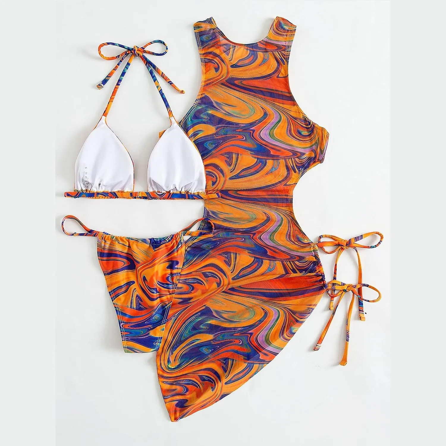 3 Piece Swimsuits for Women Padded Floral Print String Bikini Sets Bathing Suit Set Sexy Cutout High Neck Mesh Beach Cover Up