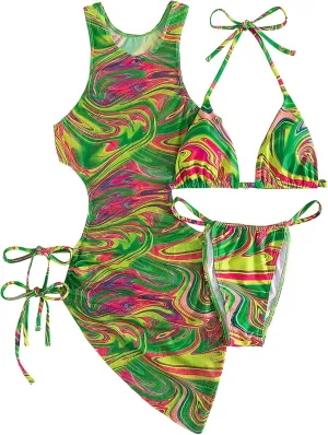 3 Piece Swimsuits for Women Padded Floral Print String Bikini Sets Bathing Suit Set Sexy Cutout High Neck Mesh Beach Cover Up
