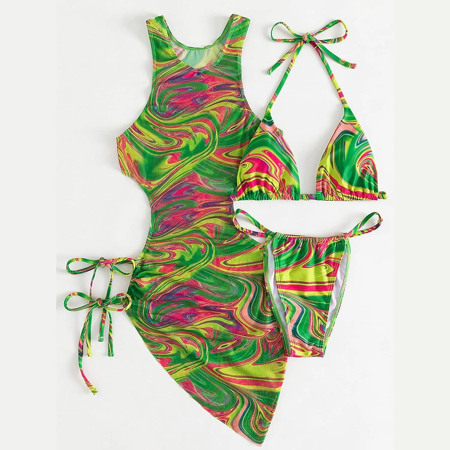3 Piece Swimsuits for Women Padded Floral Print String Bikini Sets Bathing Suit Set Sexy Cutout High Neck Mesh Beach Cover Up