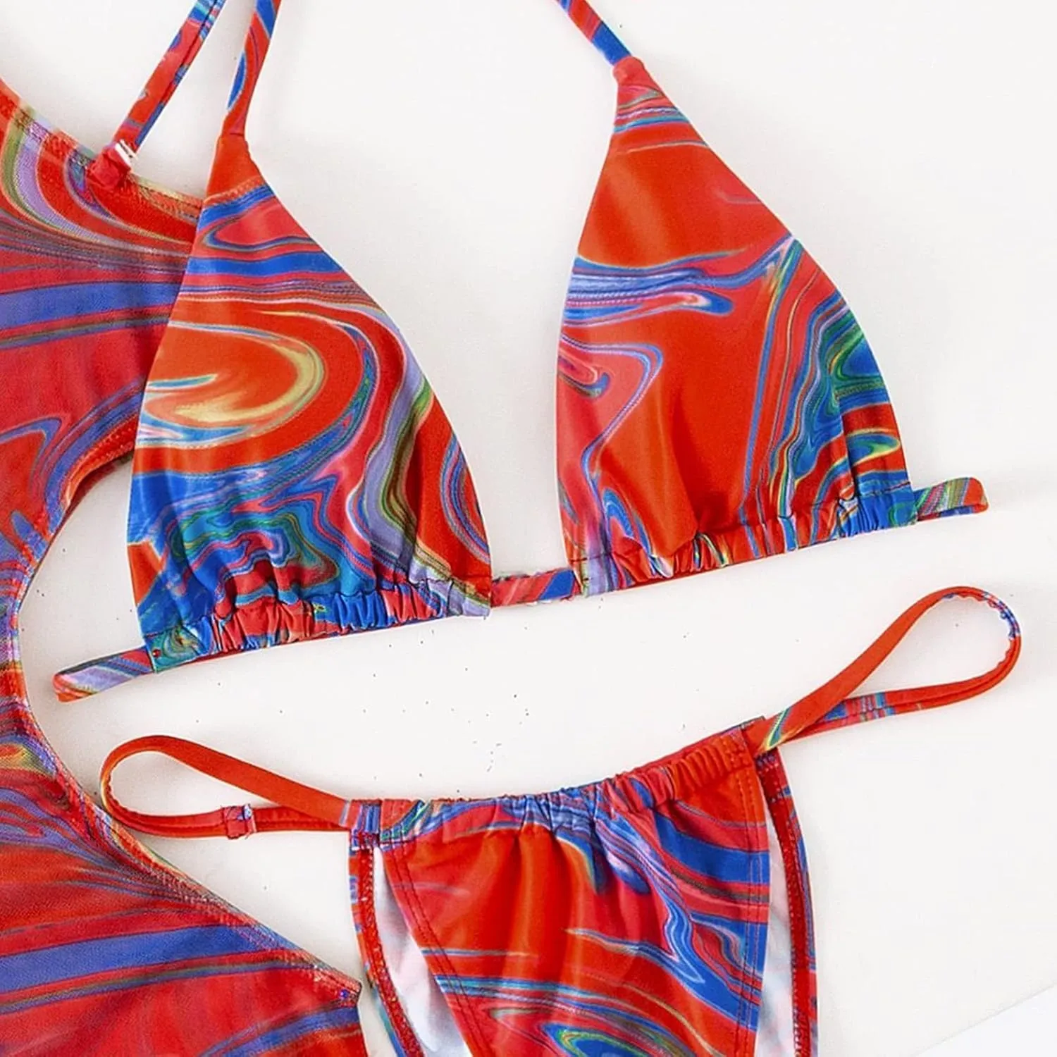 3 Piece Swimsuits for Women Padded Floral Print String Bikini Sets Bathing Suit Set Sexy Cutout High Neck Mesh Beach Cover Up