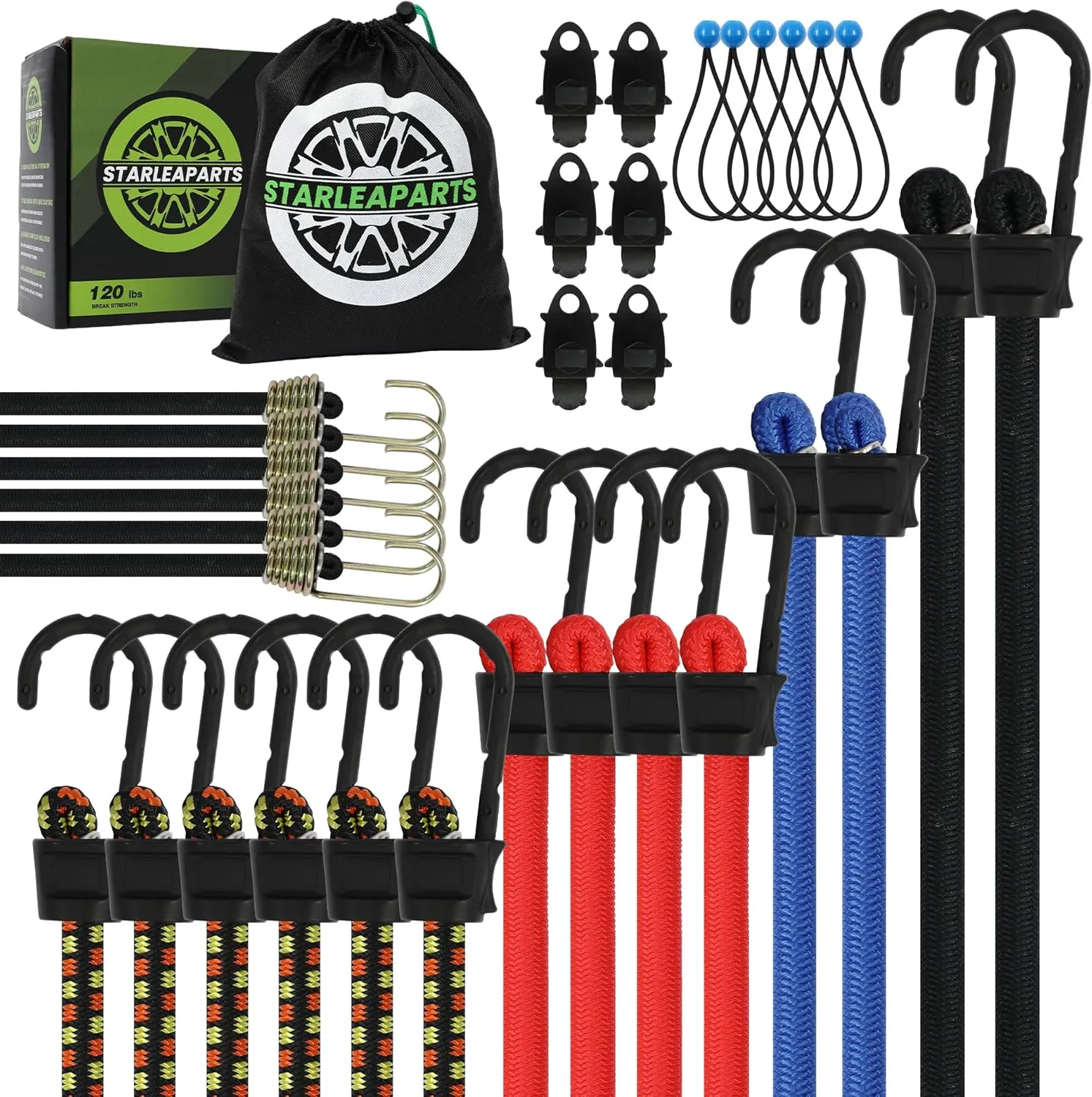 32-Piece Heavy Duty Bungee Cords, Super Elastic Bungee Cord with Hooks, Bungie Cords Heavy Duty Outdoor Include 8", 18", 24”, 32", 40" Bungee Cords, 8” Ball Bungees and Tarp Clips