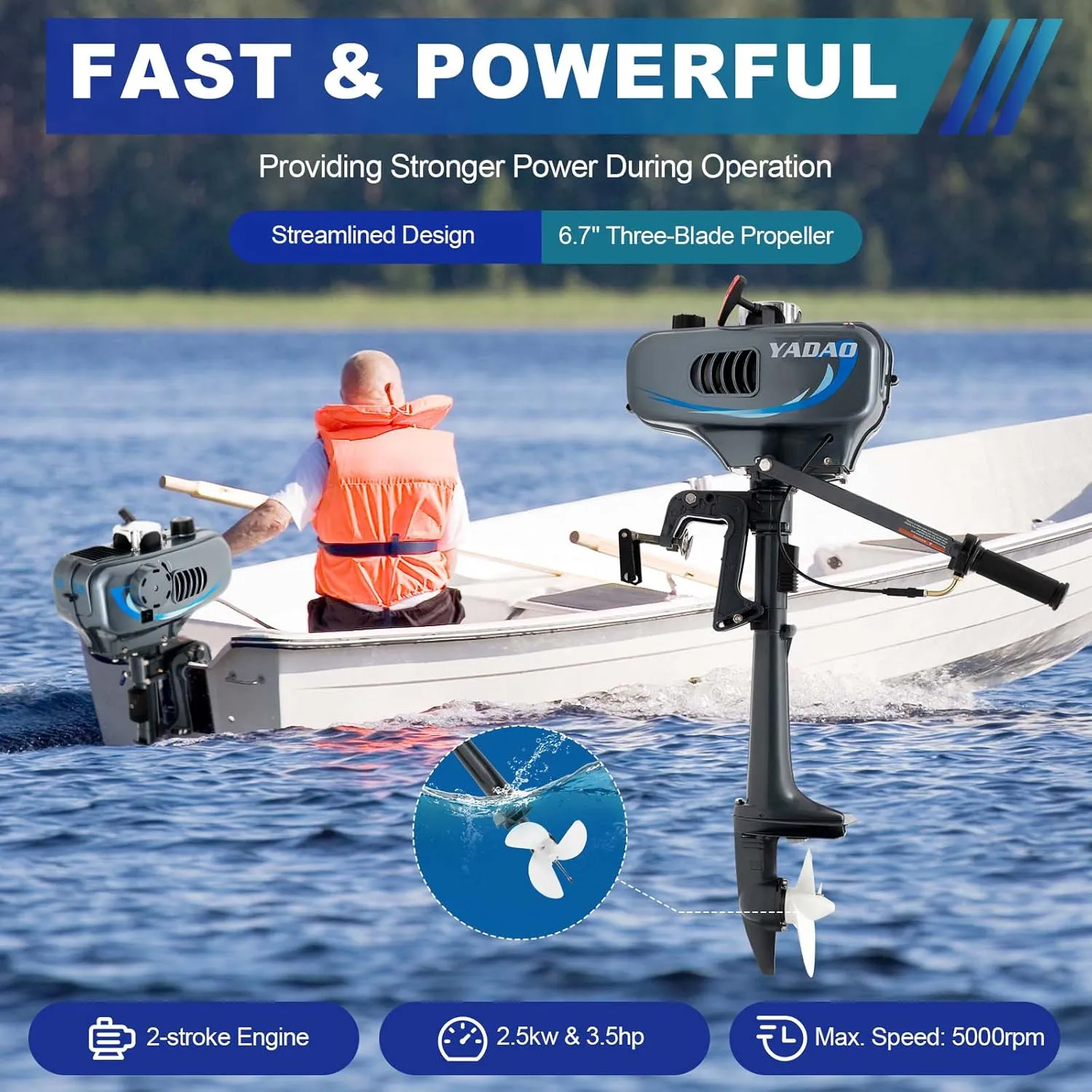 3.5HP 2 Stroke Outboard Motor Boat Engine with Air Cooling/Water Cooling System, CDI Ignition, Manual Start Small Fishing Boat Motors Kayak Engine for Rubber Boat, Inflatable Boats (3.5 HP)