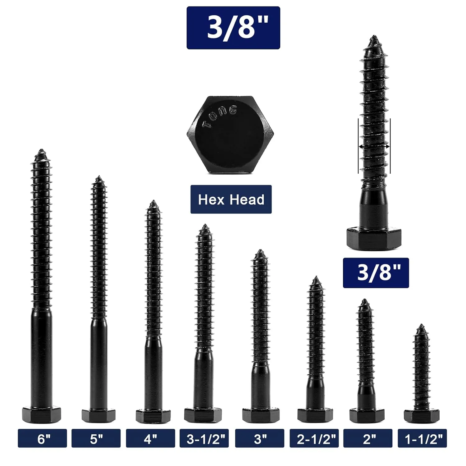 3/8" x 3" Hex Head Lag Screws Bolts 20Pcs 304 Stainless Steel 18-8, Partial Thread, Hexagon Head Wood Screws by Black Oxide by SG TZH