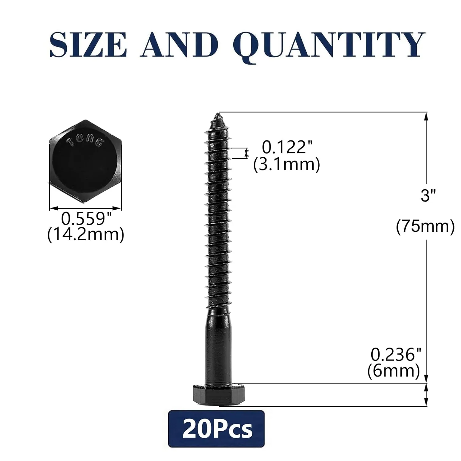 3/8" x 3" Hex Head Lag Screws Bolts 20Pcs 304 Stainless Steel 18-8, Partial Thread, Hexagon Head Wood Screws by Black Oxide by SG TZH