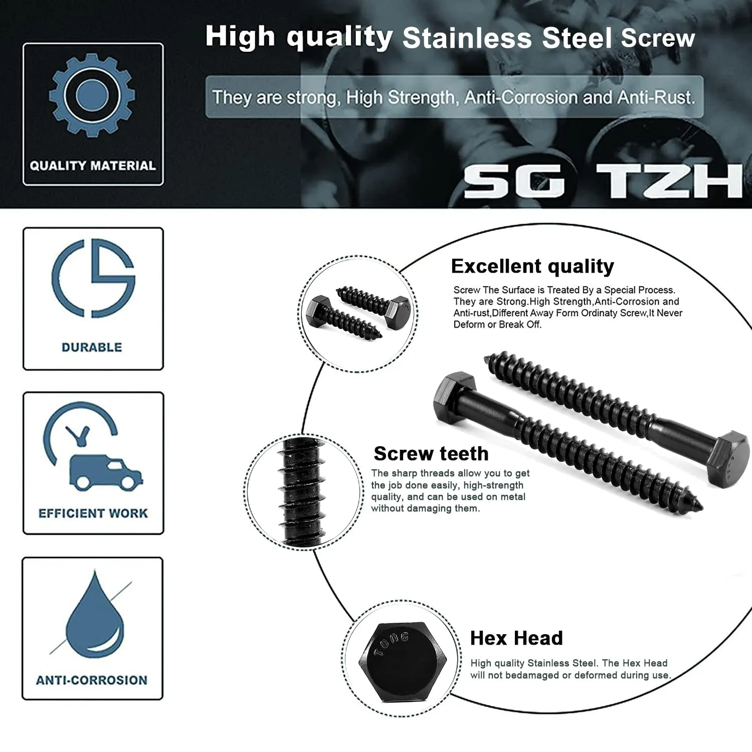 3/8" x 3" Hex Head Lag Screws Bolts 20Pcs 304 Stainless Steel 18-8, Partial Thread, Hexagon Head Wood Screws by Black Oxide by SG TZH