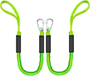 3FT Bungee Dock Lines for Boats, Single Hook Boat Ropes for Docking with Loops, 2-Pack (Green&Yellow)