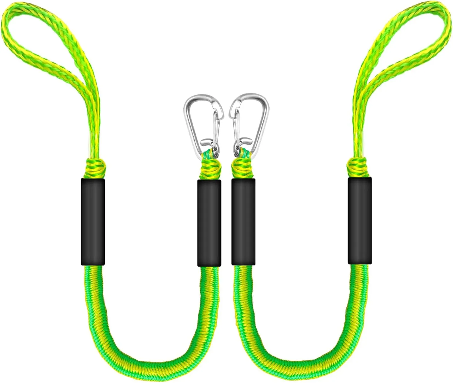 3FT Bungee Dock Lines for Boats, Single Hook Boat Ropes for Docking with Loops, 2-Pack (Green&Yellow)