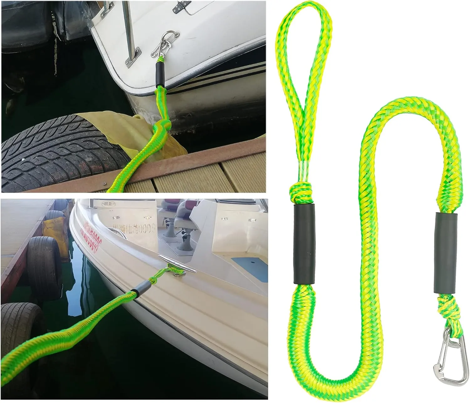 4 FT Dock Ropes with Stainless Steel Clip to Tie Up Boat to Dock Pack of 4 Green