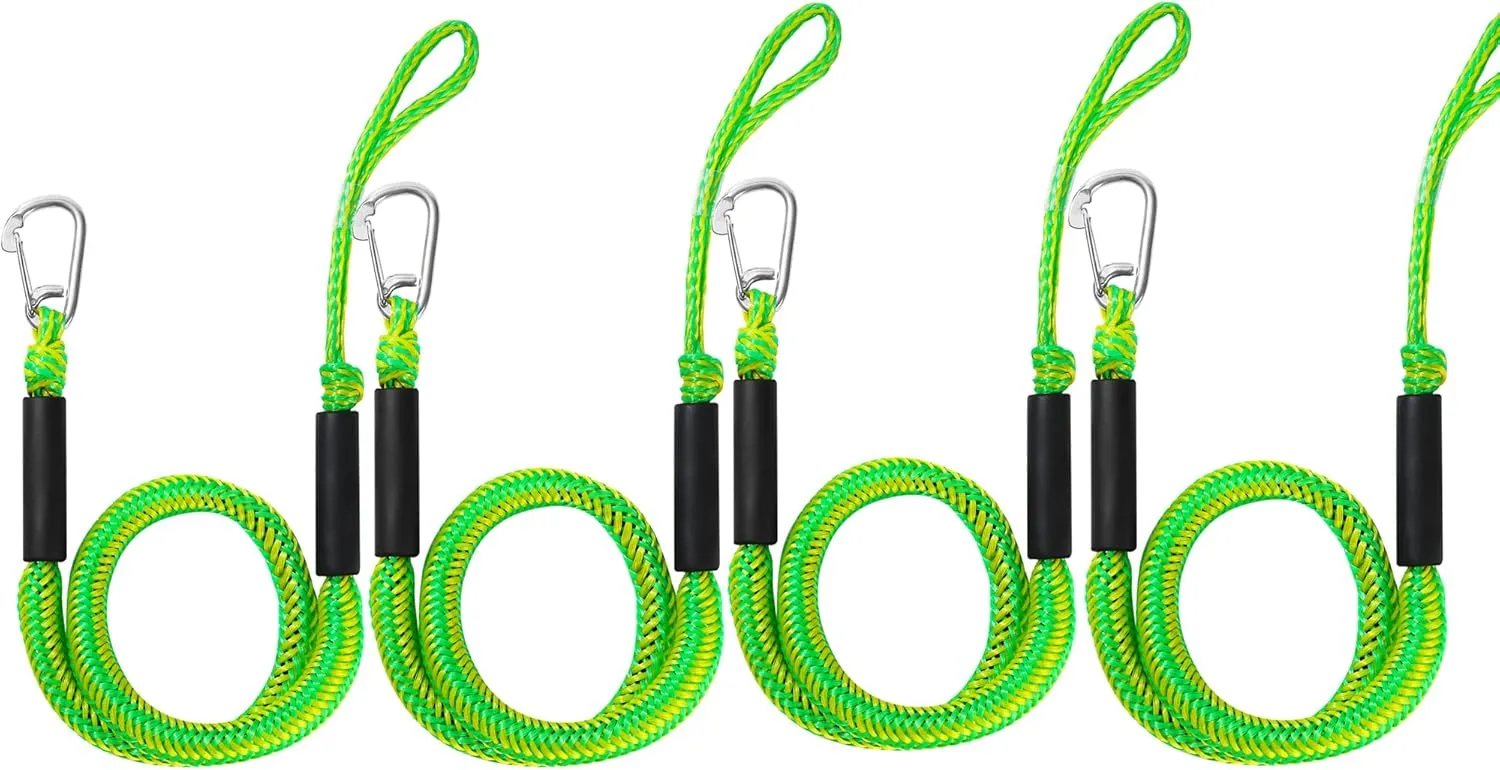 4 FT Dock Ropes with Stainless Steel Clip to Tie Up Boat to Dock Pack of 4 Green