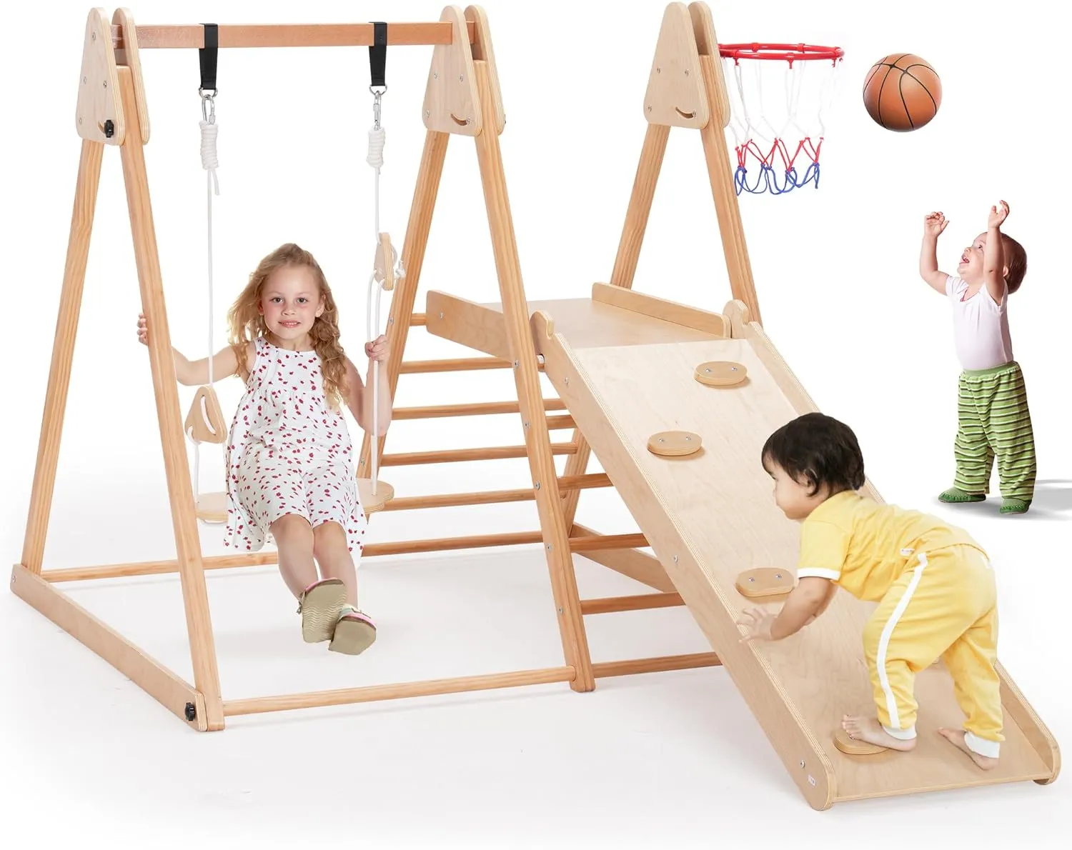 4 in 1 Indoor Jungle Gym, Wooden Baby Toddler Climbing Toys Montessori Climber Playset for Kids, Indoor Playground with Slide, Swing, Climbing Wall & Basketball