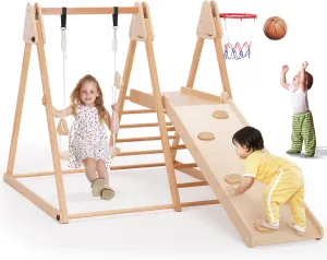4 in 1 Indoor Jungle Gym, Wooden Baby Toddler Climbing Toys Montessori Climber Playset for Kids, Indoor Playground with Slide, Swing, Climbing Wall & Basketball