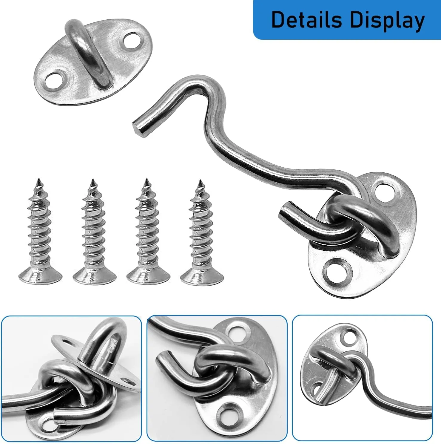 4 Pack 3" Hook and Eye Gate Latch, Stainless Steel Rust-Resistant Barn Door Lock Cabin Hooks for Gate Shutters Window Slide Barn Shed Cabinet Bathroom, with 16pcs Screw,Silver