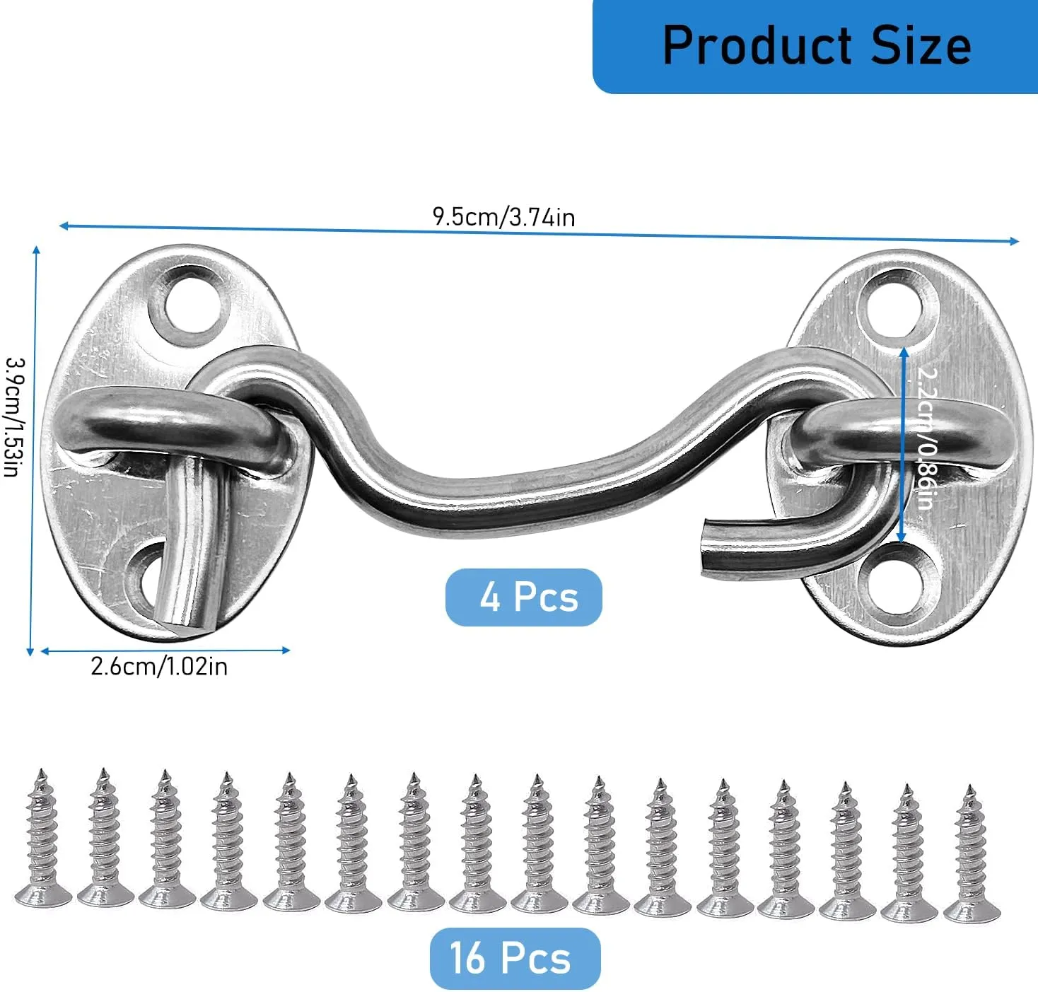 4 Pack 3" Hook and Eye Gate Latch, Stainless Steel Rust-Resistant Barn Door Lock Cabin Hooks for Gate Shutters Window Slide Barn Shed Cabinet Bathroom, with 16pcs Screw,Silver