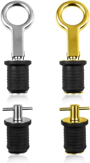4 Pcs Boat Drain Plug 1 Inch, Brass Stainless Steel Snap Handle and T-Handle Rubber Marine Twist Drain Plug