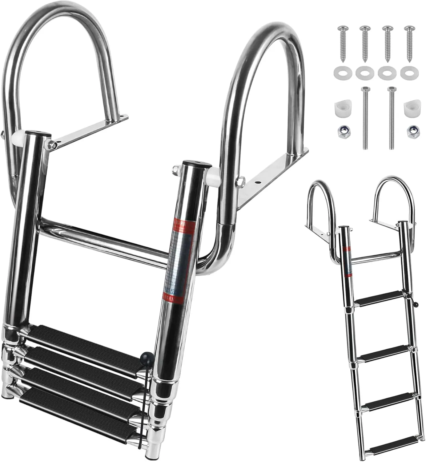 4 Step Boat Ladder, Stainless Steel Pontoon Ladder Heavy Duty with Pedal Hand Railing, Telescoping Boat Ladder Folding for Boat Yacht Dock Swimming Pool