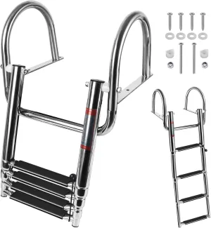 4 Step Boat Ladder, Stainless Steel Pontoon Ladder Heavy Duty with Pedal Hand Railing, Telescoping Boat Ladder Folding for Boat Yacht Dock Swimming Pool