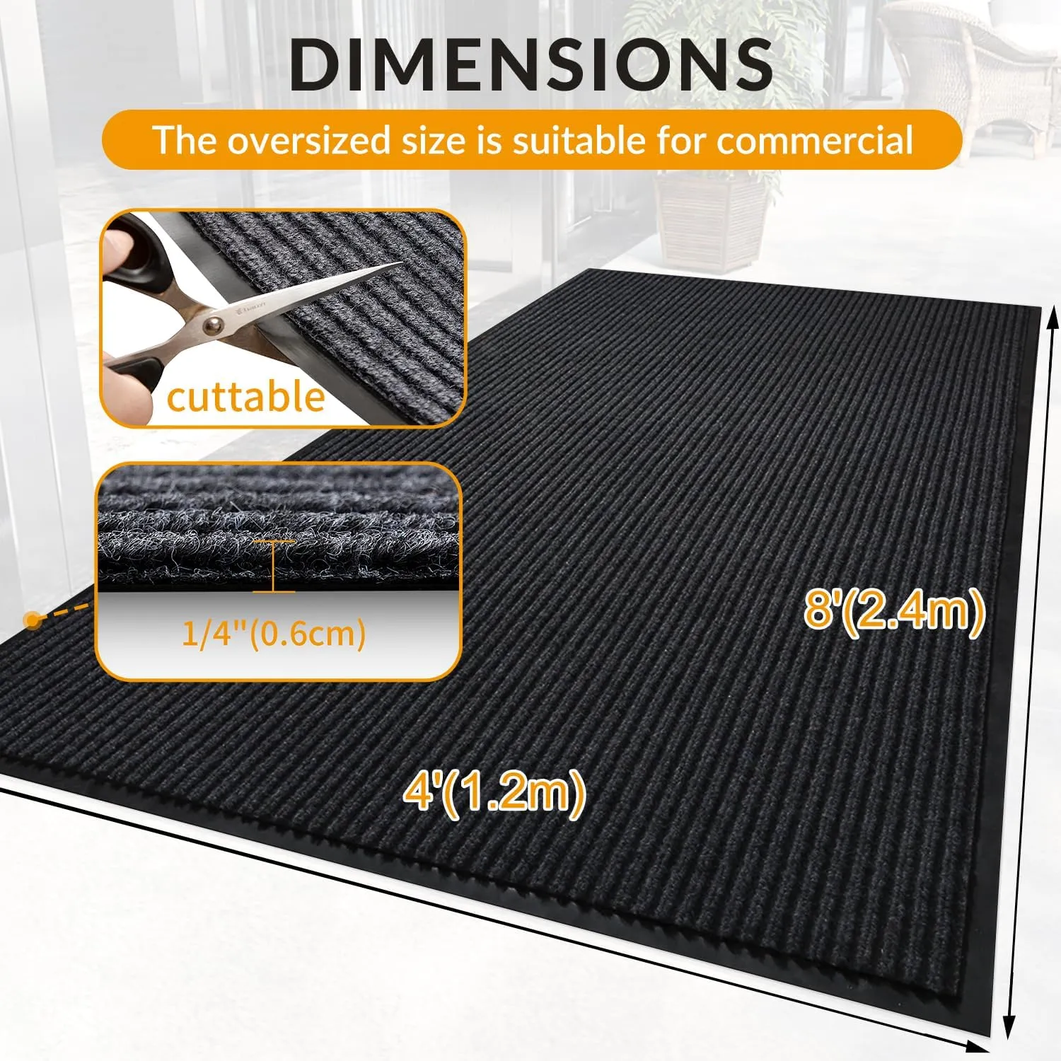 4' x 8' High Traffic Guard Doormat, Commercial Grade Door Floor Mat Striped Brush Step Entrance Mat with Rubber Backing, Low Profile Commercial Rugs for Entryway, Easy to Clean(Jet Black)