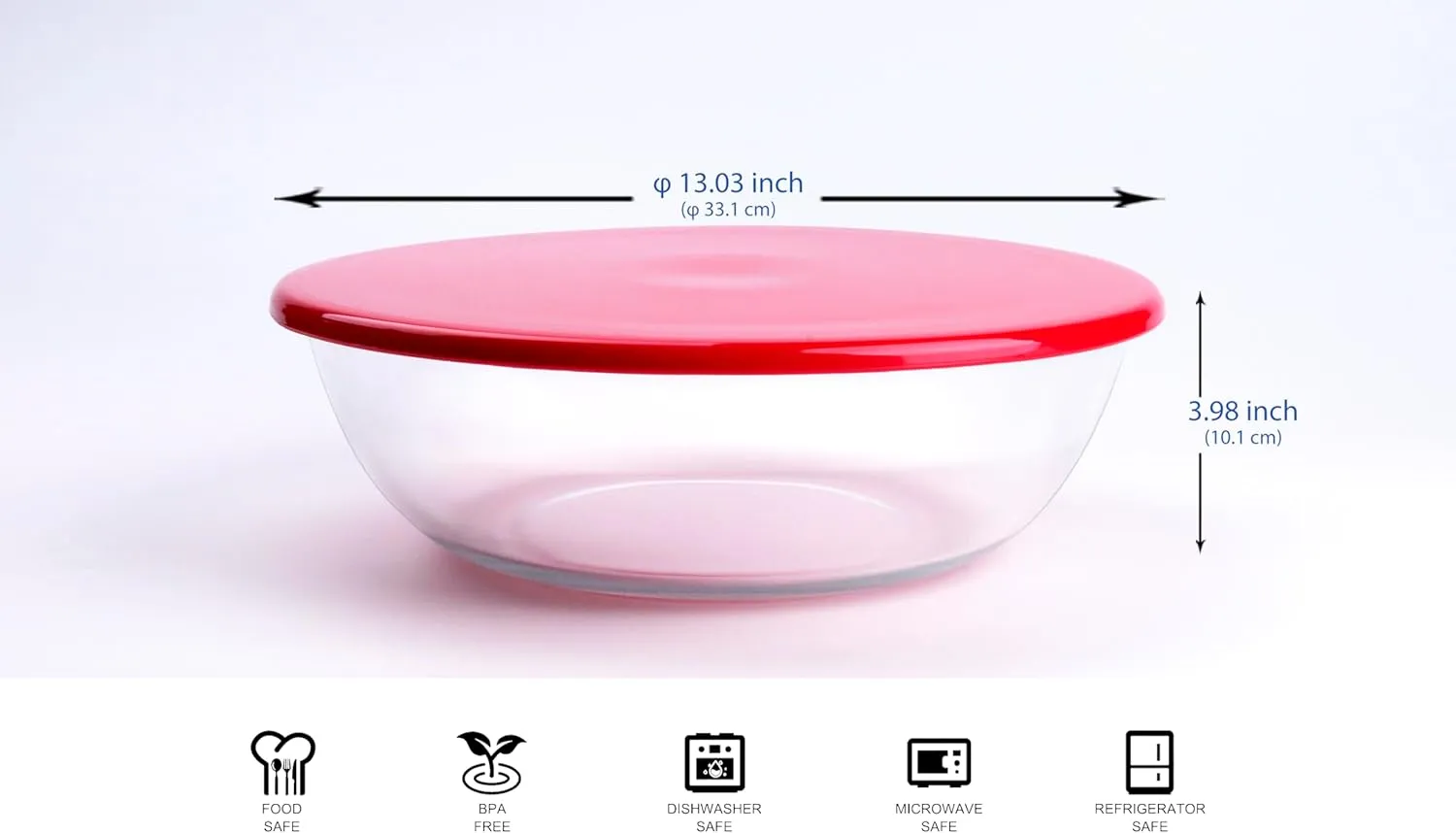 4.5L Round Glass Mixing Bowl with Lids, Glass Salad Bowls with BPA free cover. Oven, Microwave and Dishwasher Safe.