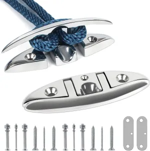5 inch Folding Boat Cleat 316 Stainless Steel, Marine Flip Up Dock Cleat 6 inch 3 Holes, Boat Folding Cleat with Fasteners and Back Plates for Dock Lines Mooring Accessories (2 & 4 Pack)