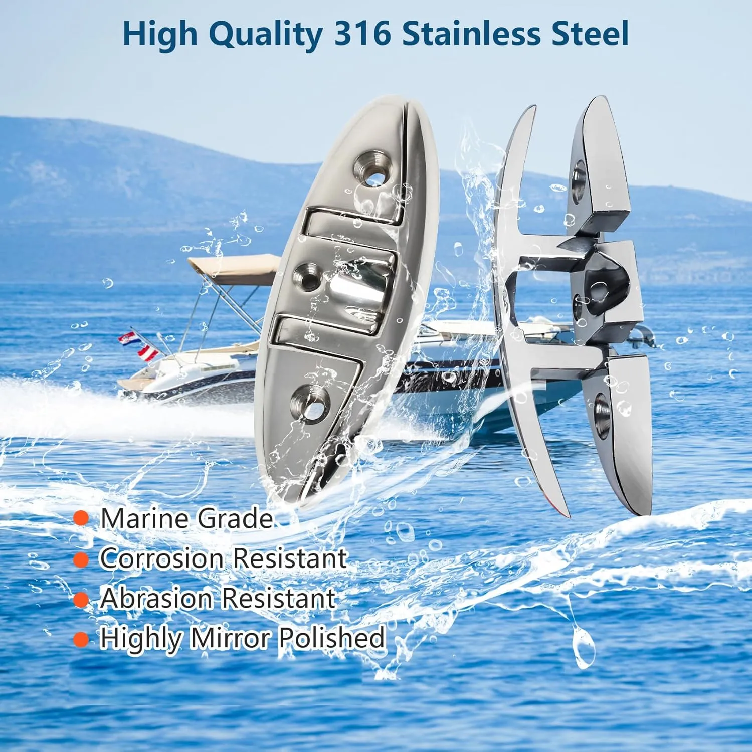 5 inch Folding Boat Cleat 316 Stainless Steel, Marine Flip Up Dock Cleat 6 inch 3 Holes, Boat Folding Cleat with Fasteners and Back Plates for Dock Lines Mooring Accessories (2 & 4 Pack)