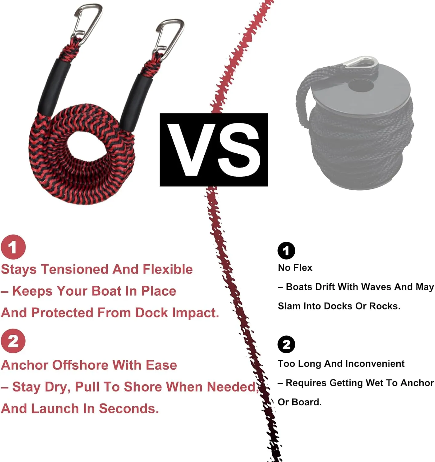 7 Feet Bungee Dock Line Boat Accessories 1-Pack Mooring Lines with Two 316 Stainless Clip 7ft Stretch to 14ft (Red Black, 7 Feet)