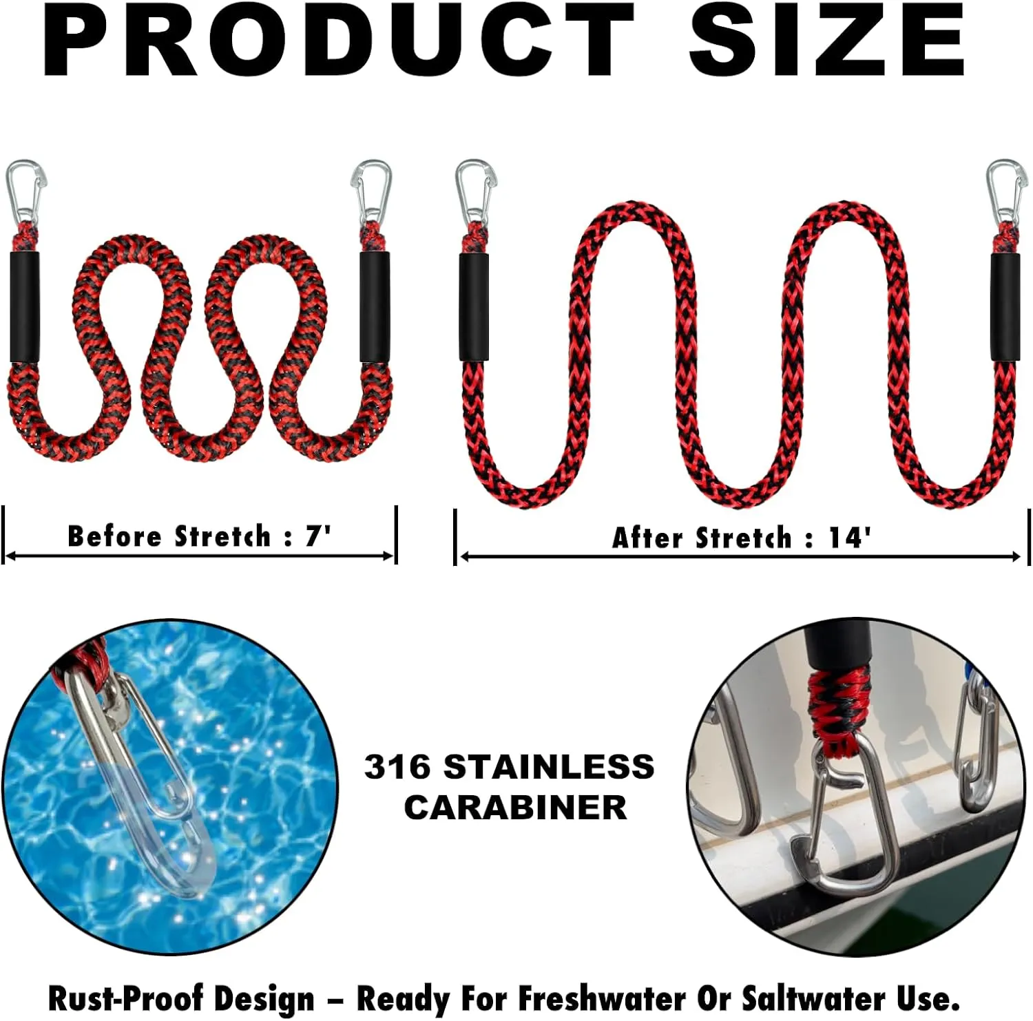 7 Feet Bungee Dock Line Boat Accessories 1-Pack Mooring Lines with Two 316 Stainless Clip 7ft Stretch to 14ft (Red Black, 7 Feet)