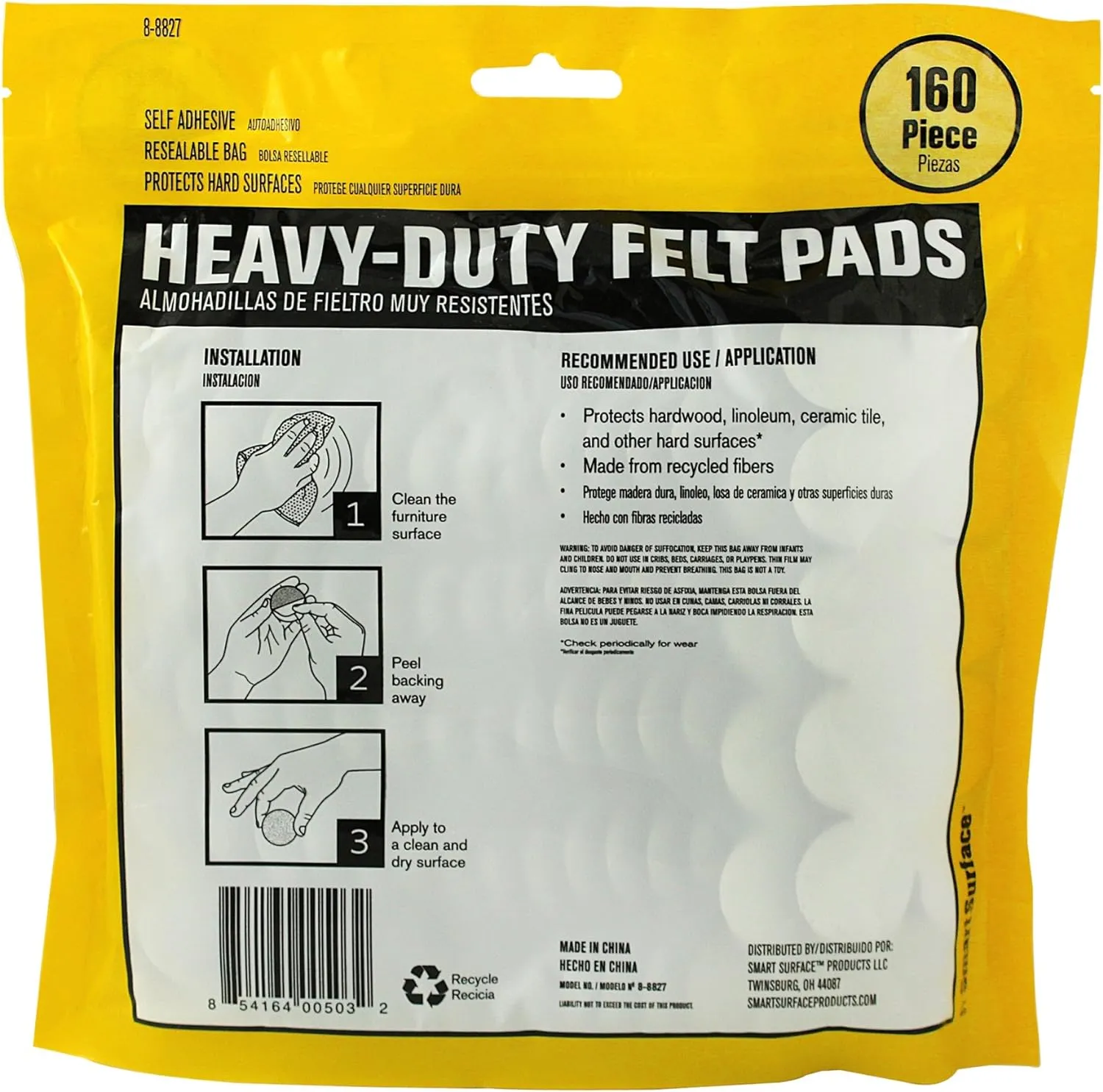 8827 Heavy Duty Self Adhesive Furniture Felt Pads 1-Inch Round Brown 160-Piece Value Pack in Resealable Bag