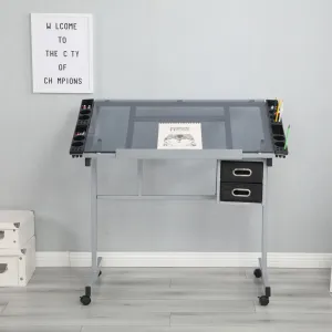 Adjustable Art Drawing Desk Craft Station Drafting With 2 Non-Woven Fabric Slide Drawers And 4 Wheels - Silver