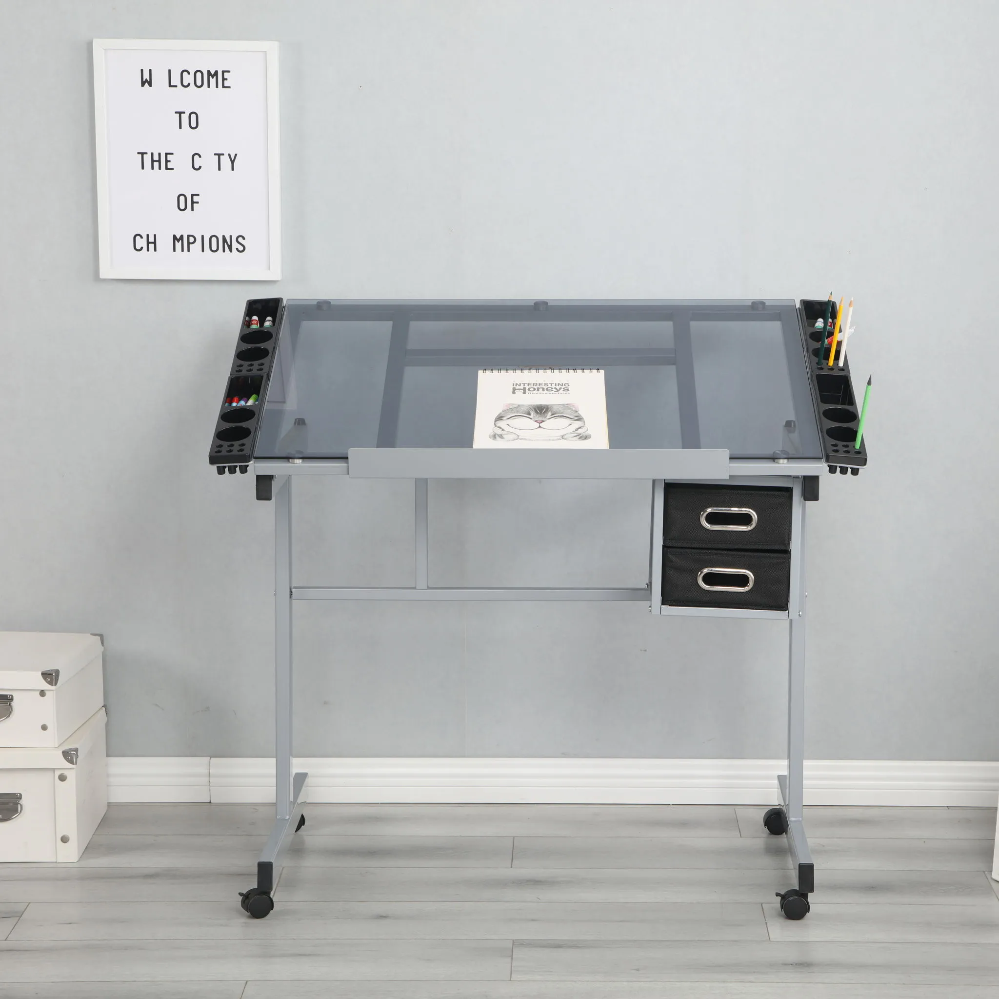 Adjustable Art Drawing Desk Craft Station Drafting With 2 Non-Woven Fabric Slide Drawers And 4 Wheels - Silver