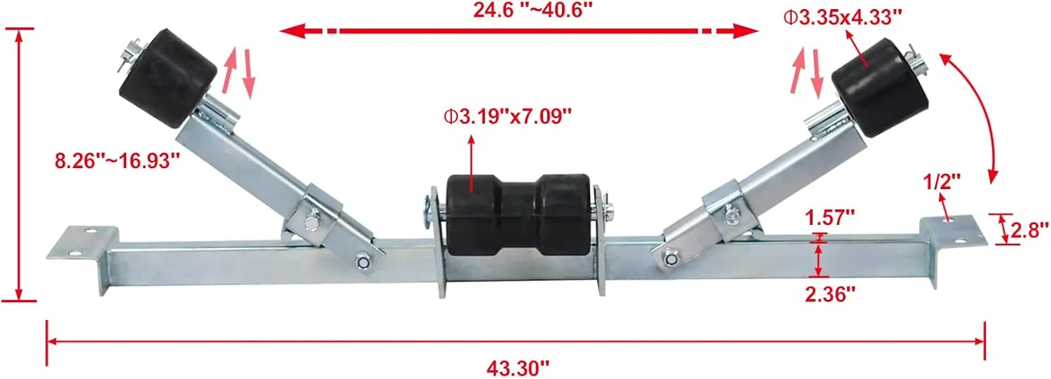 Adjustable Boat Trailer Bottom Support Bracket with Keel Rollers, Steel Holder for Boats 24.6"–40.6" Wide, 2204 lbs Capacity,2204 lbs