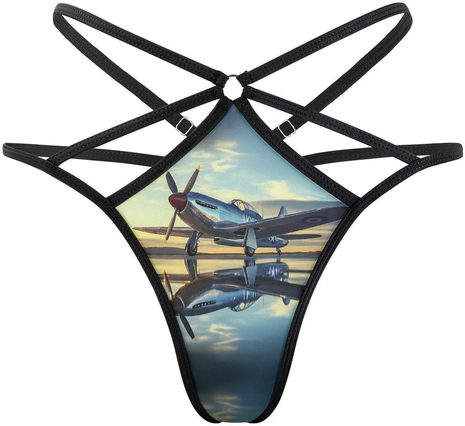 Airplane Vintage Aviation Fighter Sexy Thongs for Women Mesh Underwear No Show Panties T-back