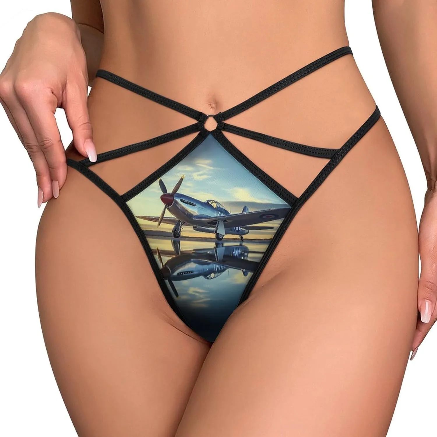 Airplane Vintage Aviation Fighter Sexy Thongs for Women Mesh Underwear No Show Panties T-back